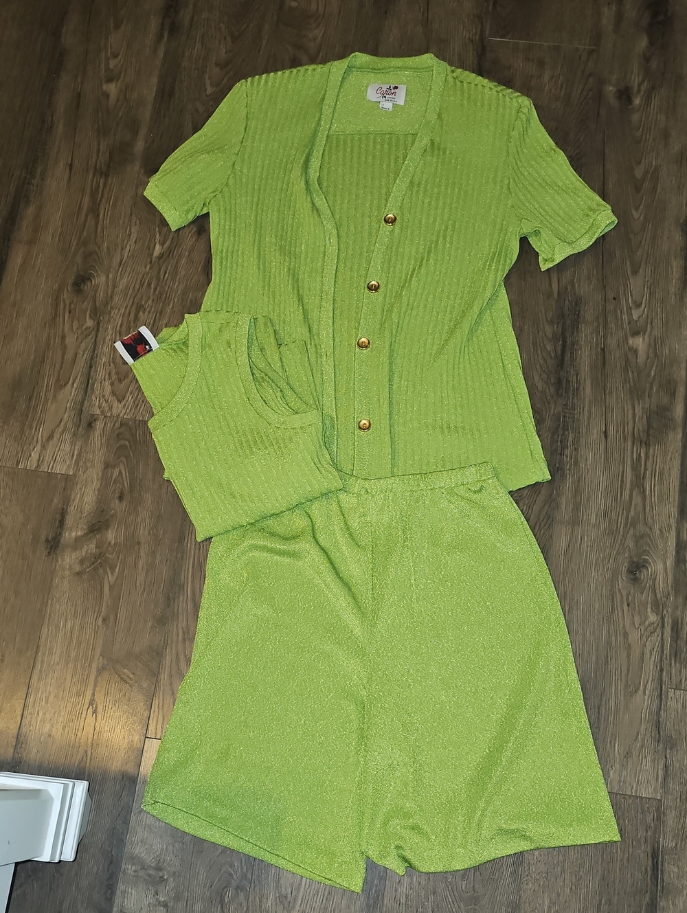 3 Piece Short Set Lime Green  Cardigan Shorts Tank Medium Caron Chicago Gold